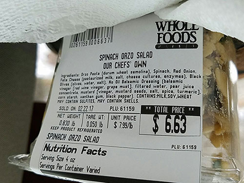 Whole Foods Market recalls “Our Chefs’ Own” Spinach Orzo Salad due to undeclared tree nut allergen (Pine Nut)